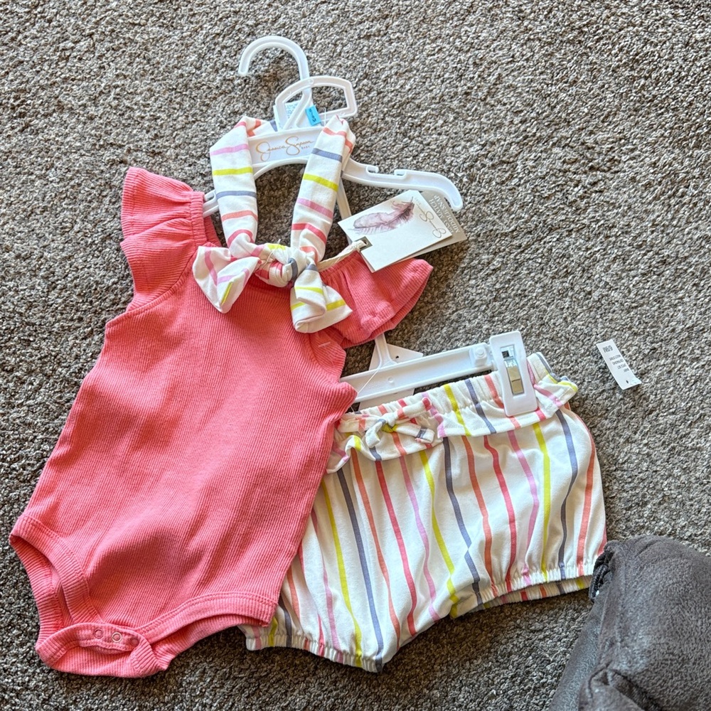 Jessica Simpson Coral Knit Halter Bodysuit with Pastel Striped Bloomers New